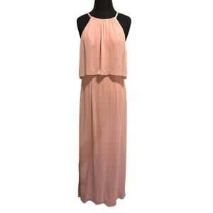 David's Bridal Long Flounced Halter Crinkle Chiffon Bridesmaid Gown Sedona Sz 6